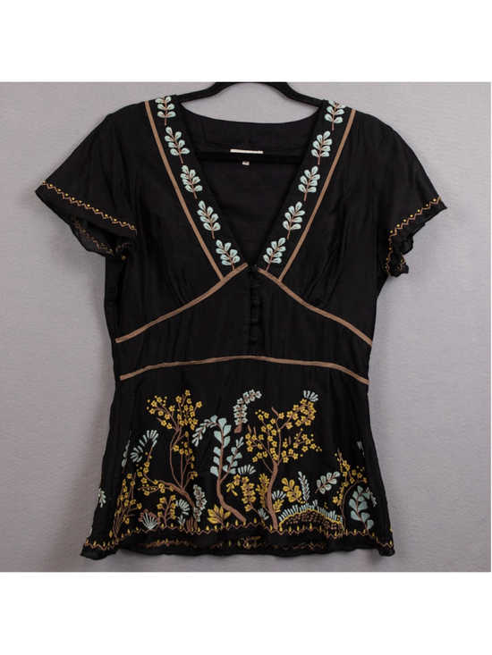 Sundance Tops - Sundance black floral embroidered silk cotton blend v-neck top-6